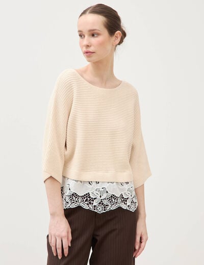 Pull col bateau manches courtes ivoire femme