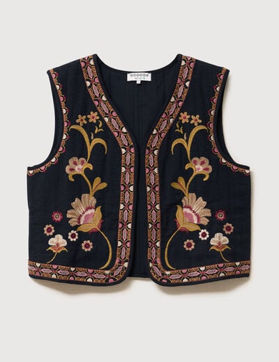Gilet droit court sans manches doubl&eacute; noir femme