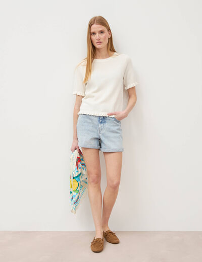Pull droit court en coton ecru femme