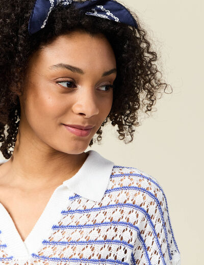 Pull manches courtes col polo bleu electrique femme