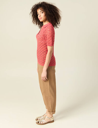 Pull manches courtes ajouré rouge femme
