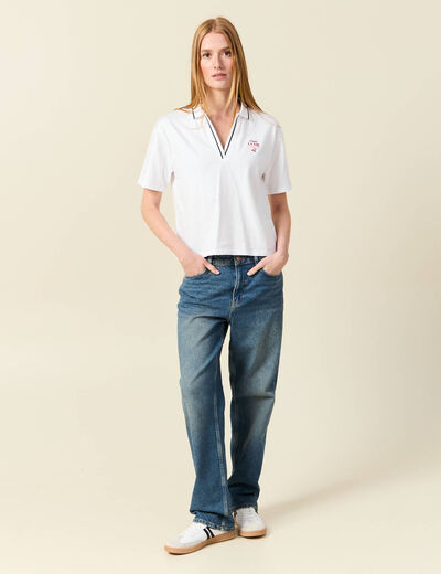 T-shirt droit court col V en coton blanc femme