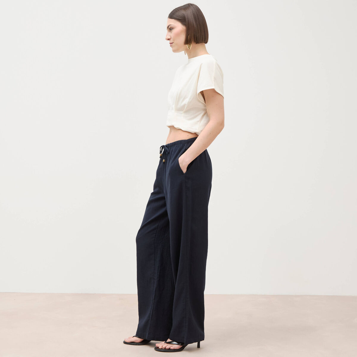 Pantalon standard fluide bleu marine femme