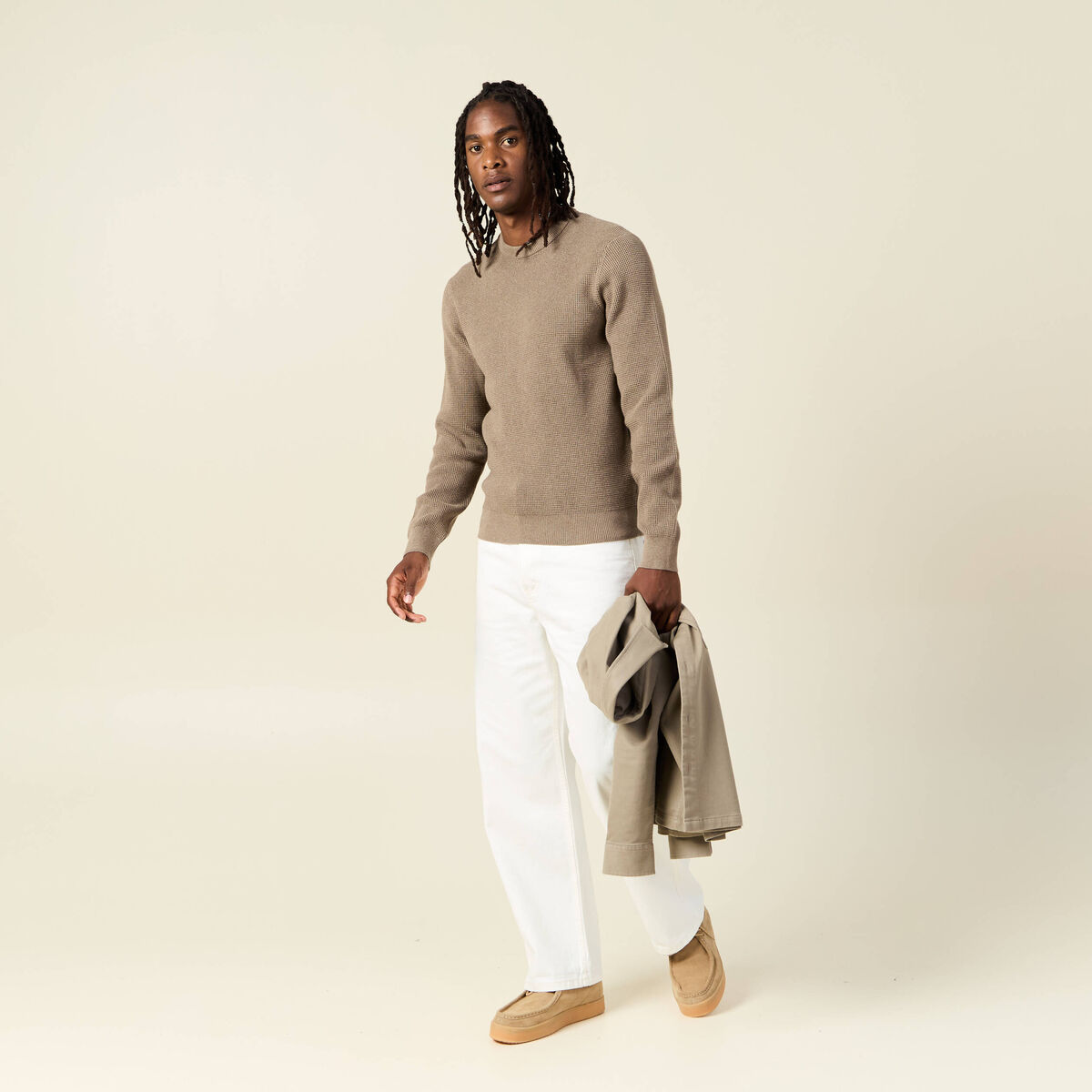 Pull manches longues col rond taupe homme