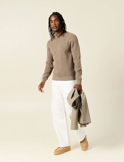 Pull manches longues col rond taupe homme