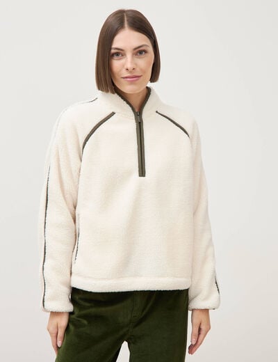 Sweat droit bouclette col montant ecru femme