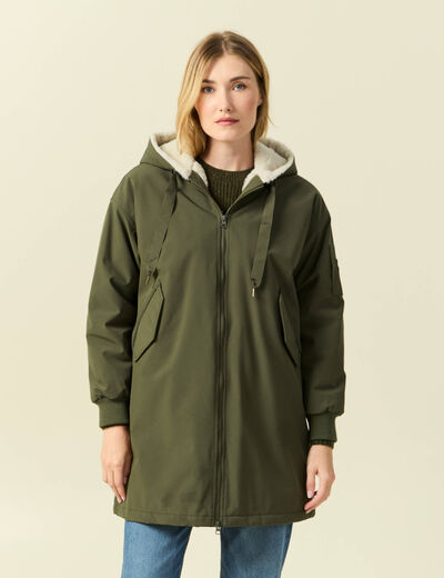 Parka oversize mi-longue &agrave; capuche vert kaki femme