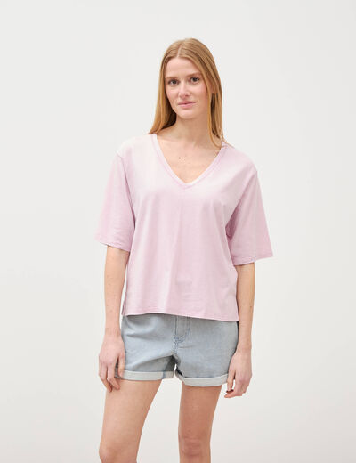 T-shirt col v manches courtes en coton parme femme