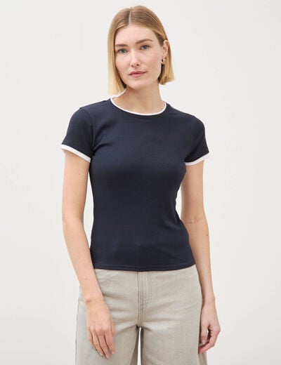 T-shirt cintr&eacute; col rond manches courtes bleu marine femme