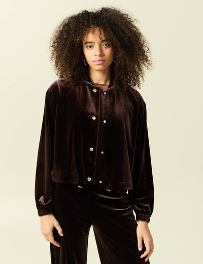 Gilet court droit en velours doubl&eacute; marron fonc&eacute; femme