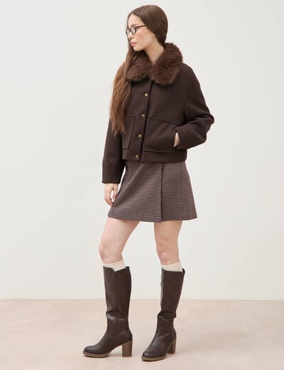 Blouson court oversize col sherpa marron fonc&eacute; femme