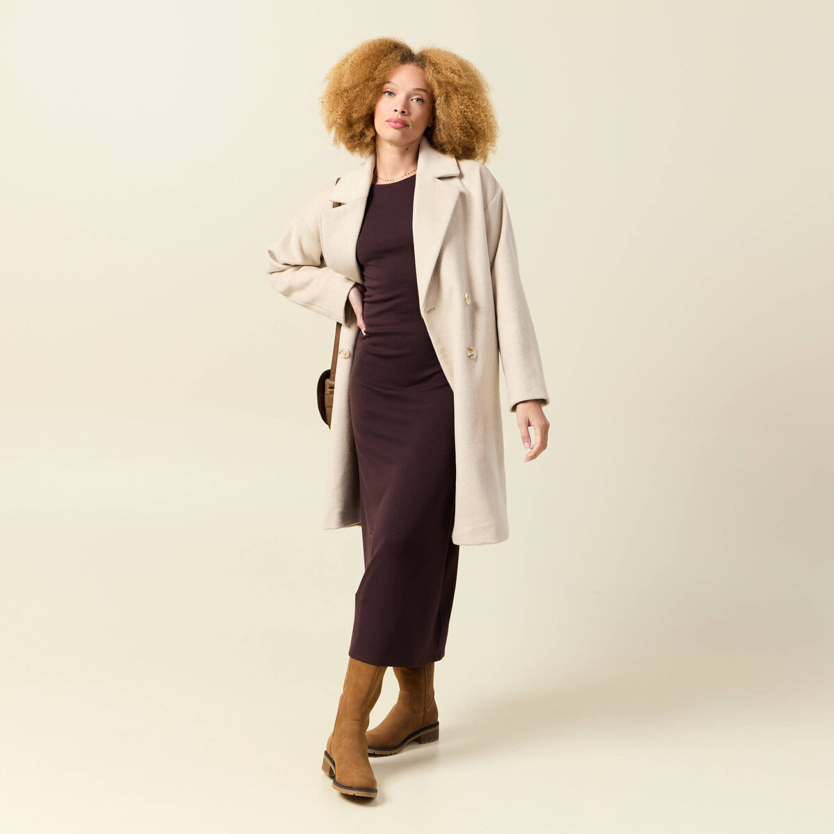 Robe manches longues en maille marron fonc&eacute; femme
