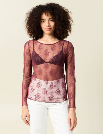 T-shirt ajust&eacute; manches longues col rond bordeaux femme