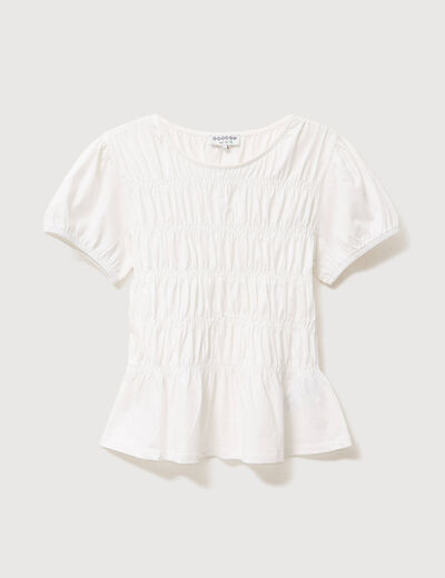 T-shirt fronc&eacute; col rond manches courtes ecru femme
