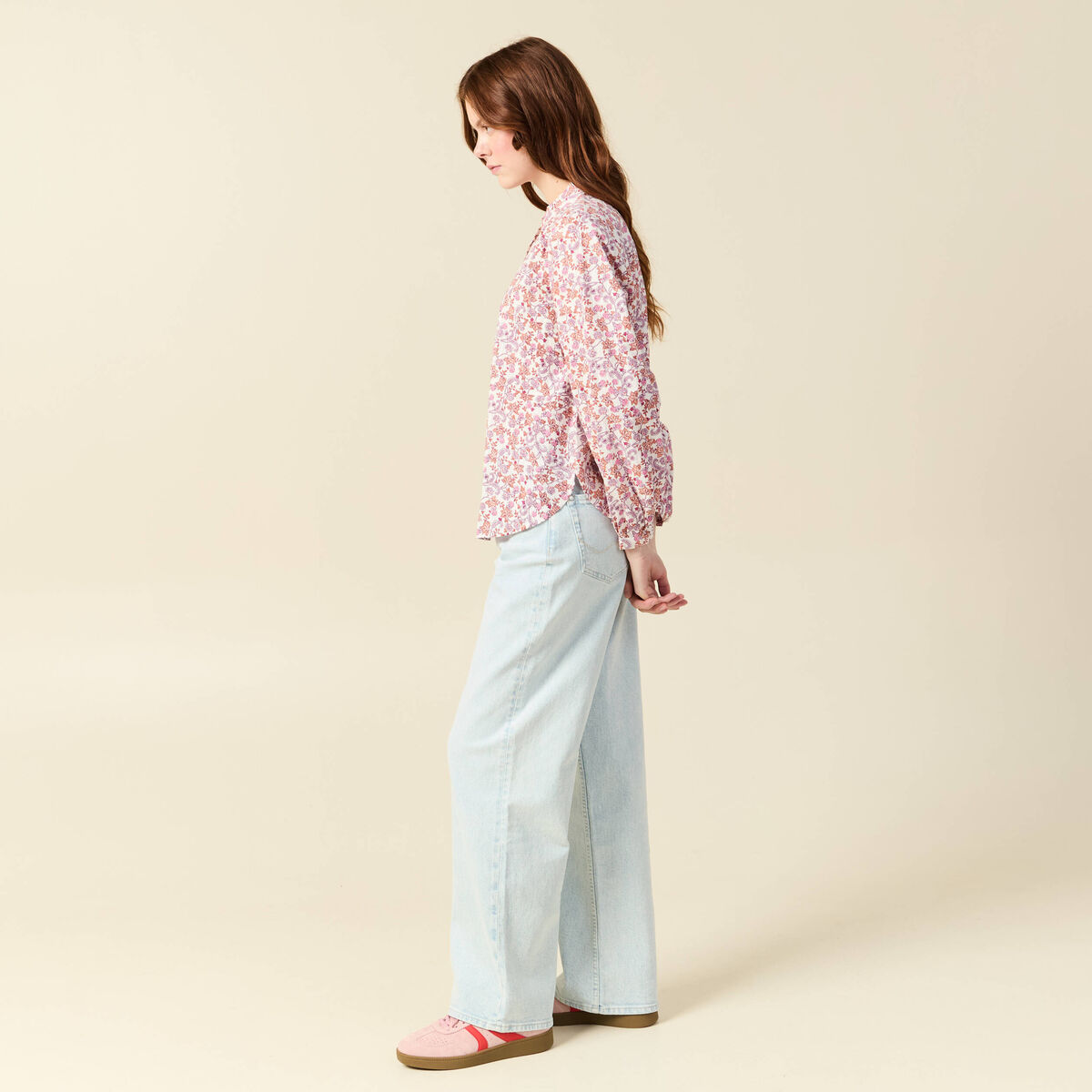 Blouse manches longues en coton orange corail femme