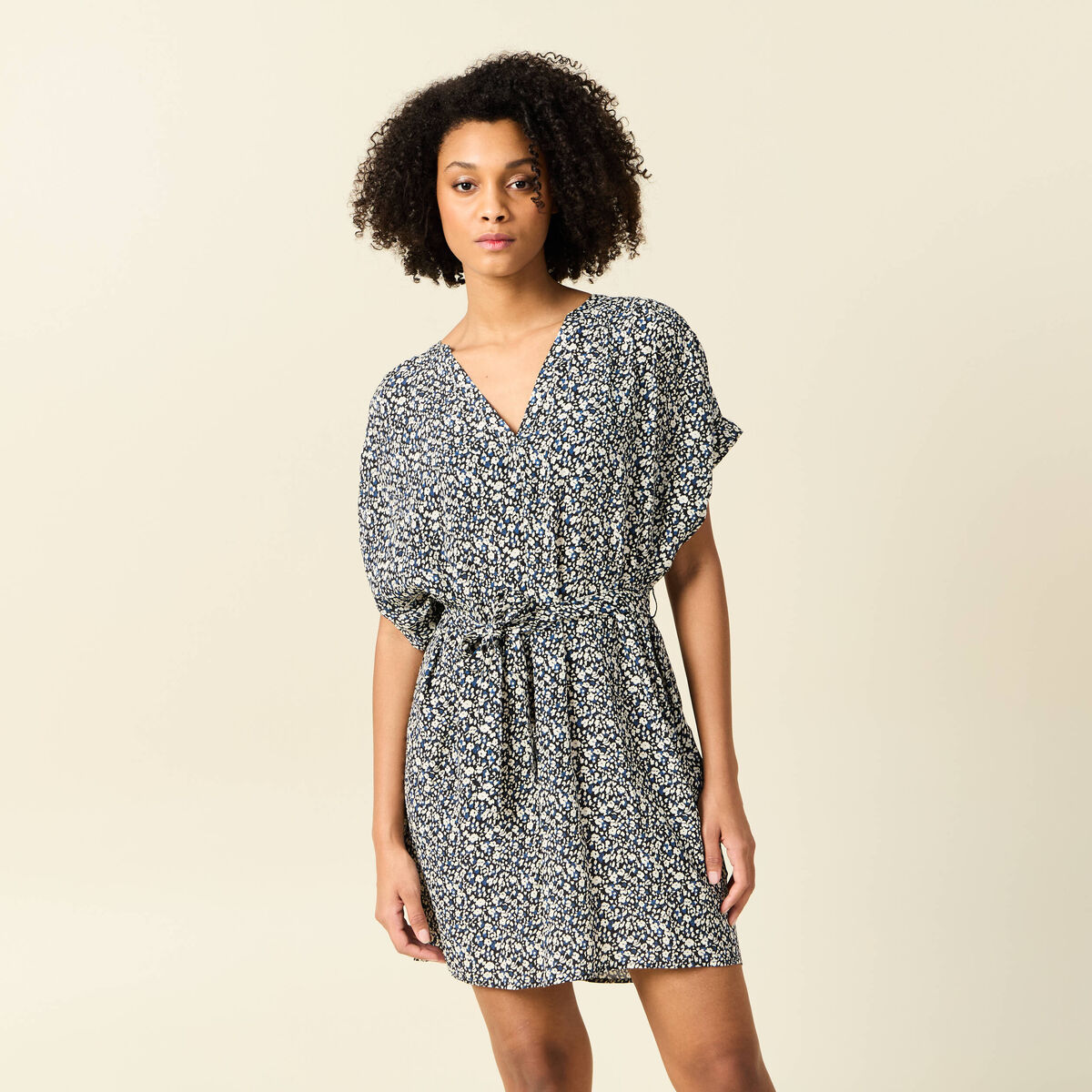 Robe droite fluide ceinturée bleu femme