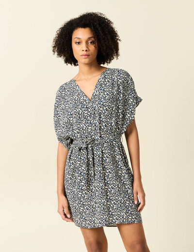 Robe droite fluide ceinturée bleu femme
