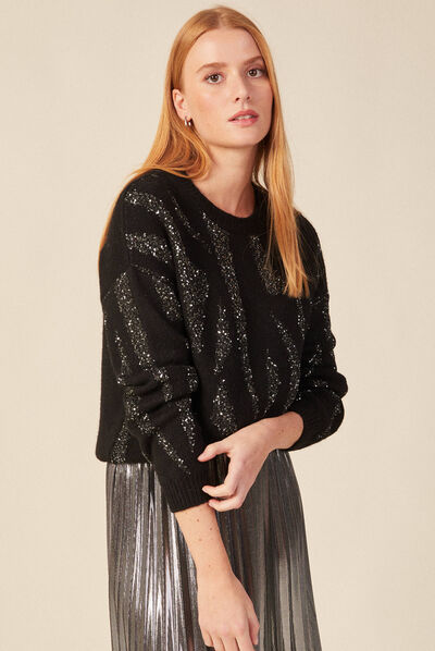 Pull éco-responsable sequins noir femme