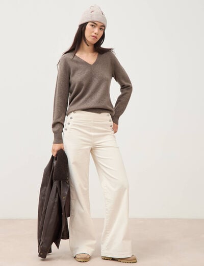 Pull droit col v manches longues taupe femme