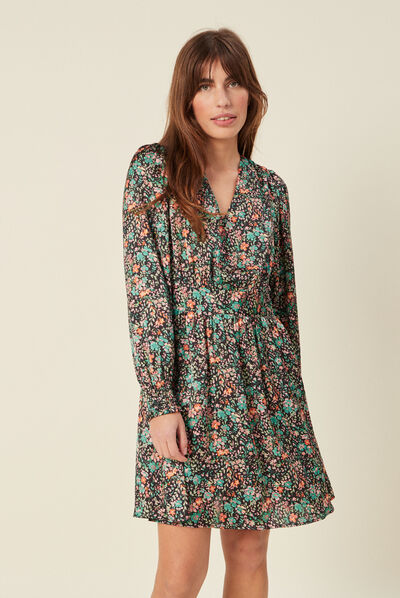 Robe taille marquée à volants noir femme