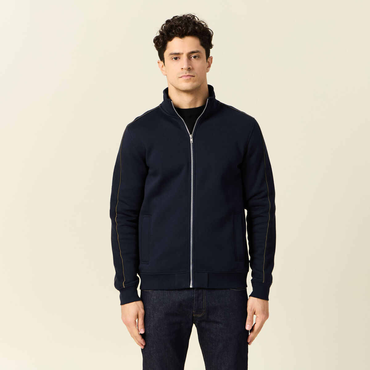 Gilet manches longues zipp&eacute; bleu marine homme