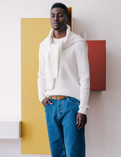 Pull manches longues col rond ecru homme