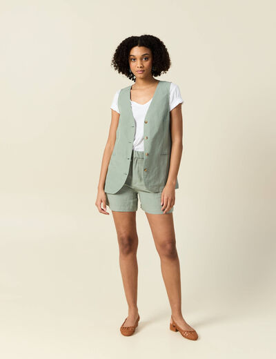 Short droit avec pinces vert kaki femme