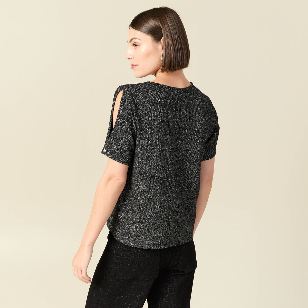 T-shirt manches courtes brillant noir femme