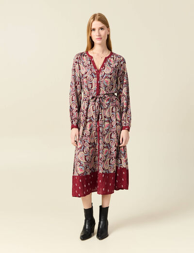 Robe midi chemise évasée rouge foncé femme