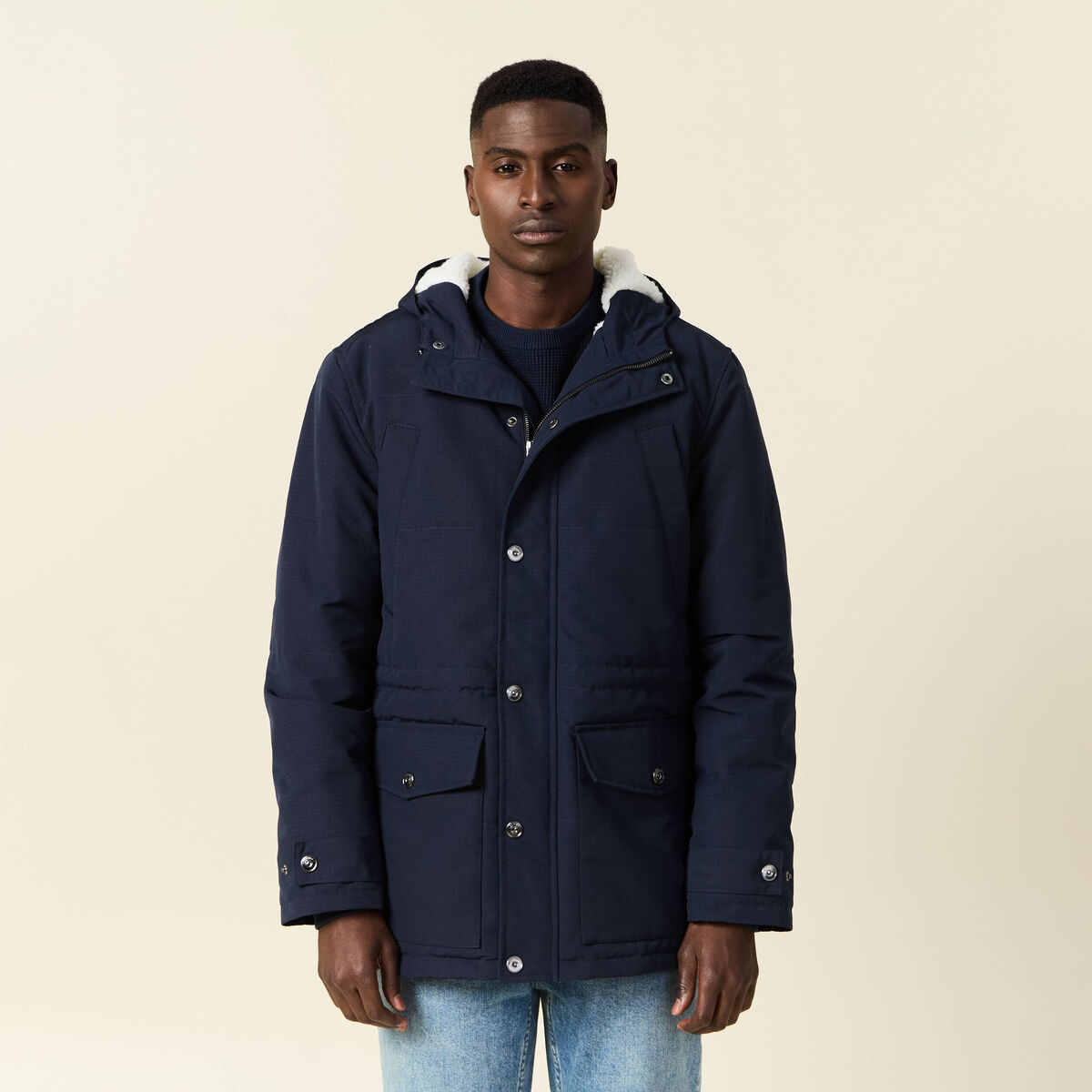 Parka &agrave; capuche bleu marine homme
