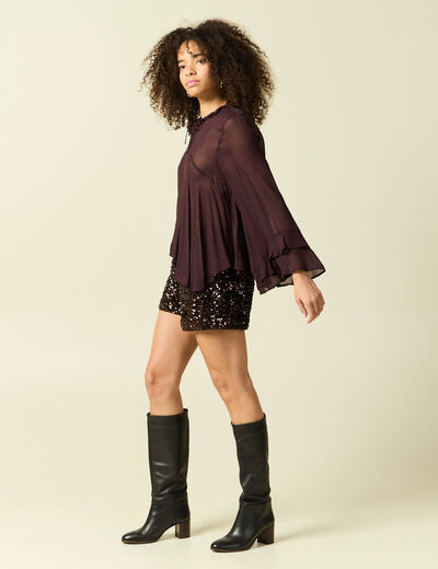Blouse manches longues col ras de cou marron fonc&eacute; femme