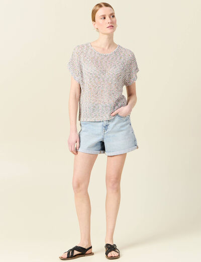 Pull crochet manches courtes vert kaki femme