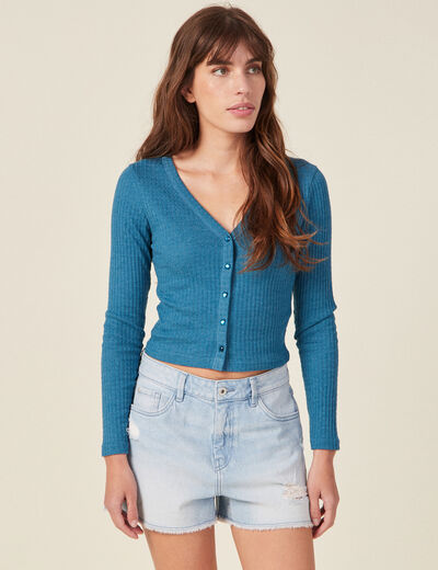T-shirt manches longues côtelé bleu pétrole femme