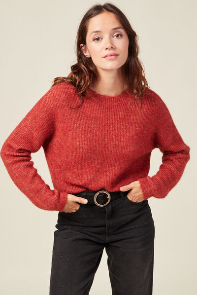 Pull manches longues cropped rouge foncé femme