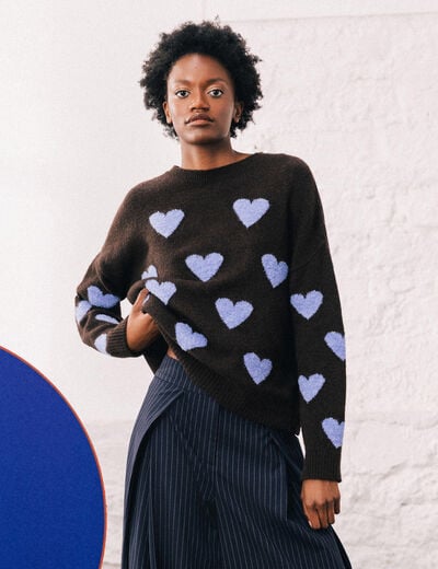 Pull manches longues bouclette col rond marron femme