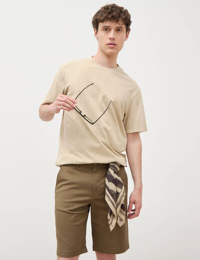 T-shirt ample col rond broderie coton beige homme