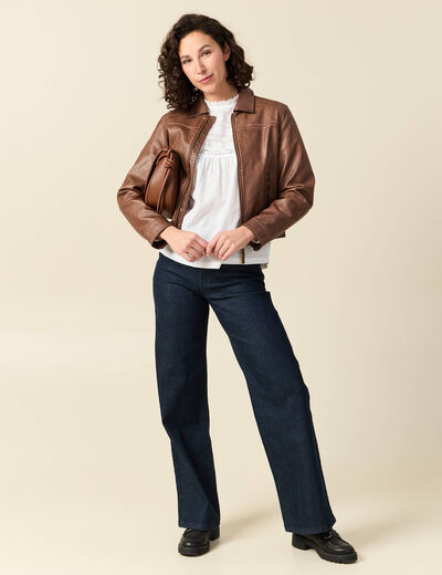 Bomber ajust&eacute; similicuir col tailleur marron femme