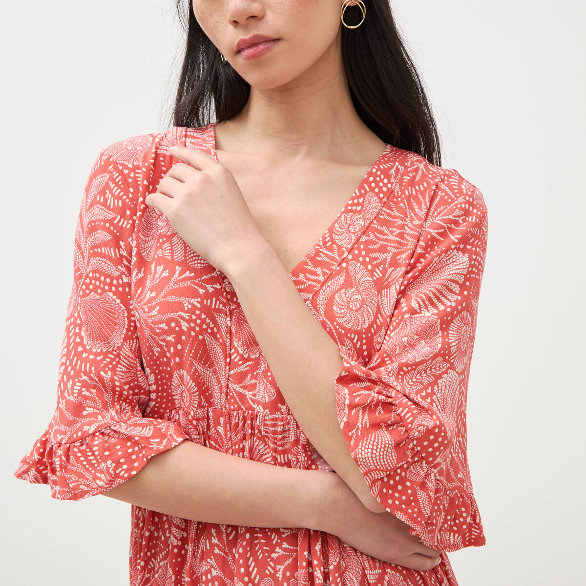 Robe col v manches au coude orange corail femme
