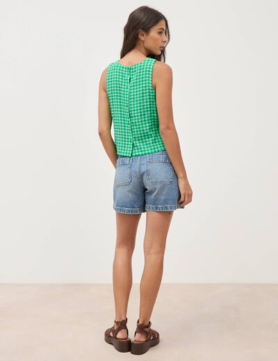 Blouse vichy droite cropped sans manches vert femme