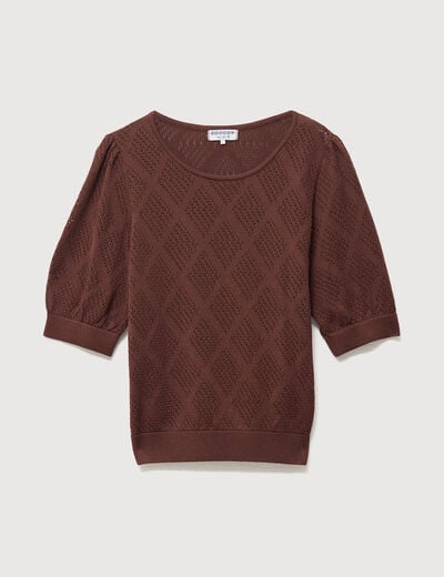 Pull ajour&eacute; droit court manches courtes marron fonc&eacute; femme