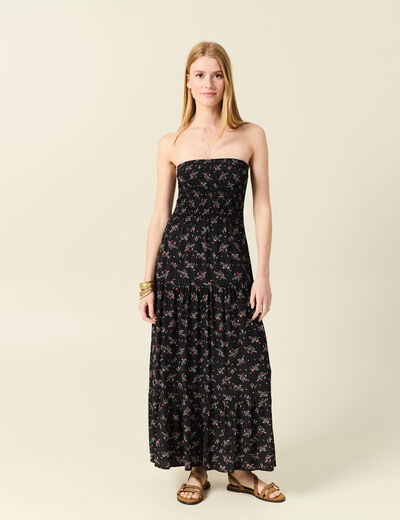 Robe longue évasée col bustier noir femme