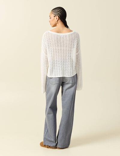 Pull ajour&eacute; col bateau manches longues ecru femme