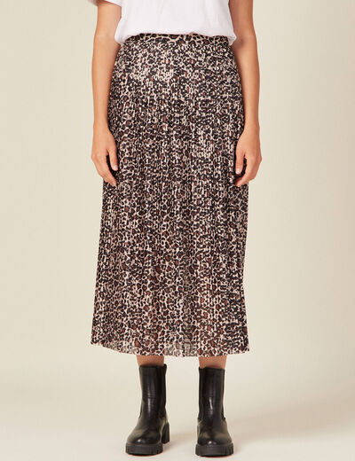 Jupe longue évasée plissée marron clair femme