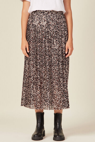 Jupe longue évasée plissée marron clair femme