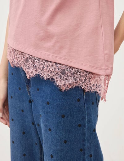 T-shirt droit col rond avec dentelle vieux rose femme