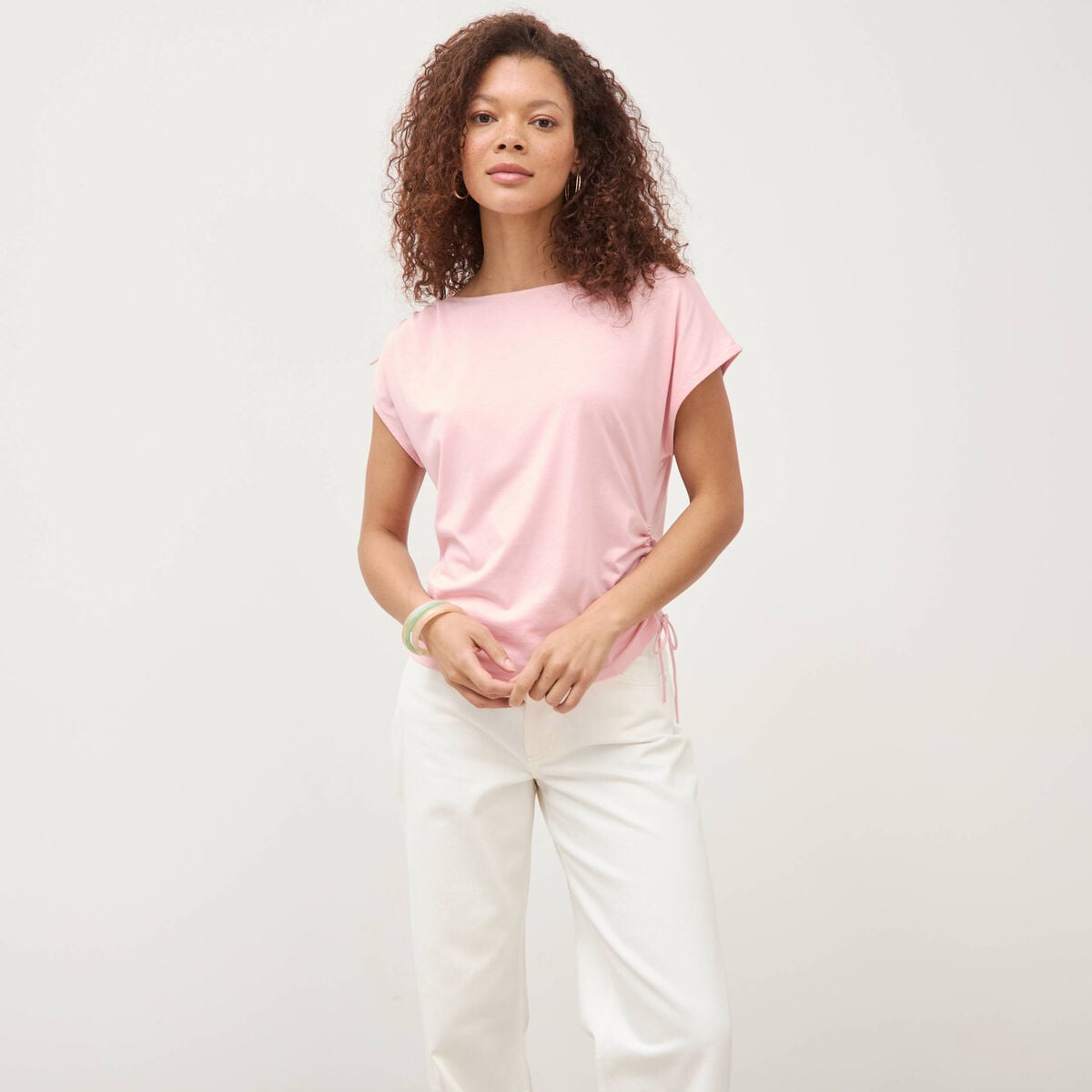 T-shirt col bateau manches courtes rose clair femme