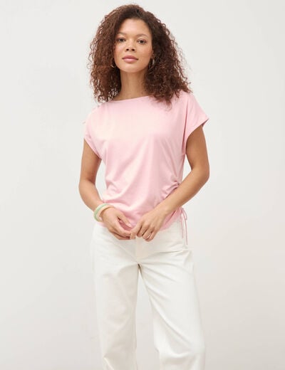 T-shirt col bateau manches courtes rose clair femme