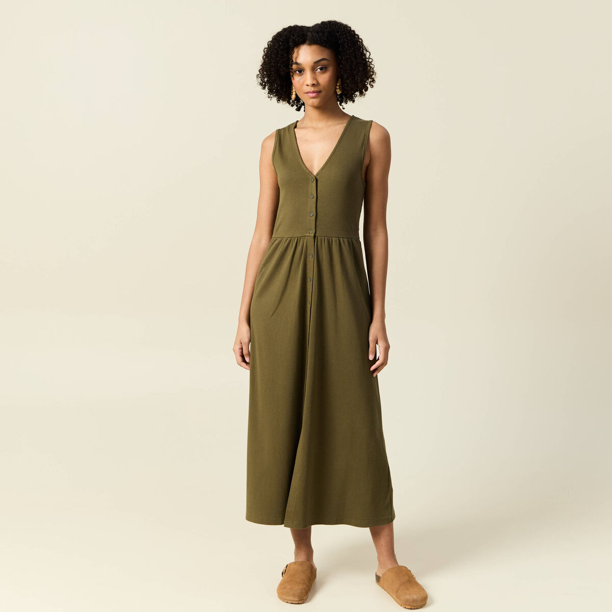 Robe longue droite boutons vert kaki femme