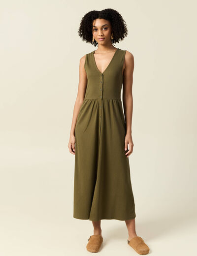 Robe longue droite boutons vert kaki femme