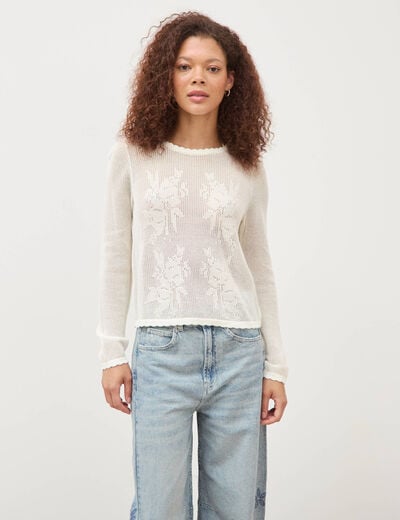 Pull ajour&eacute; col rond manches longues ecru femme